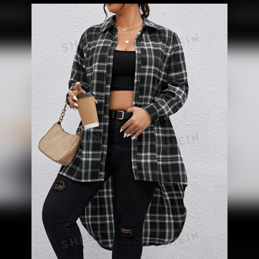 Plaid Print High Low Blouse